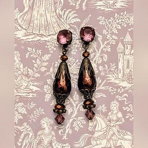 Victorian Burgundy Baroque Lantern & Swarovski Crystal In Brass Earrings